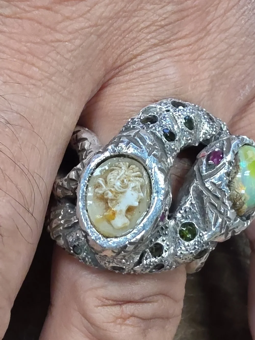 Sterling Silver Opal & Cameo Double-Headed Serpent Ring - Green Accents